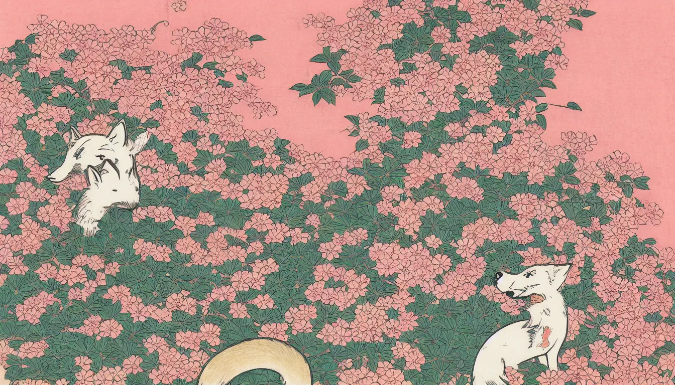 Image similar to pink fox head popping out of a field of multi colored flowers by hokusai,