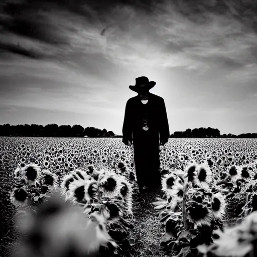 Prompt: A photograph of a vampire hunter in a field of sunflowers at night. Film Noir. High Contrast. Black and White.