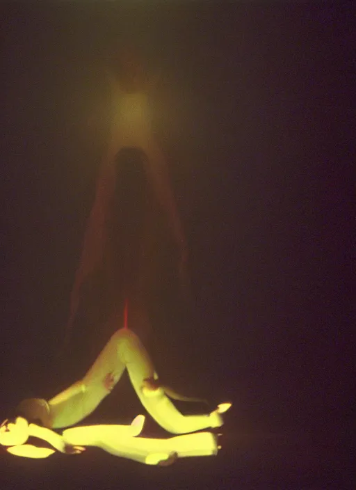 Image similar to a symmetrical female astral projection, liquid glowing aura, out of body experience, heavenly, film grain, cinematic lighting, experimental film, shot on 1 6 mm