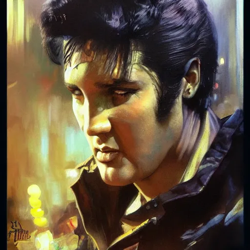 Prompt: elvis presley, hyperrealistic portrait, bladerunner street, art of elysium by frank frazetta and jeremy mann and alphonse mucha, fantasy art, photo realistic, dynamic lighting, artstation, poster, volumetric lighting, very detailed face, 4 k, award winning