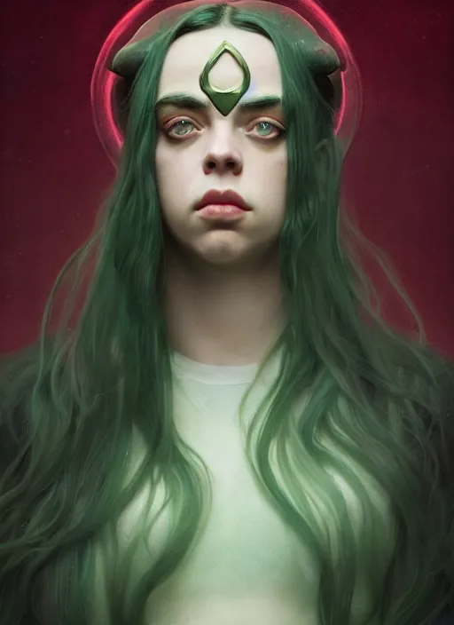 Image similar to Billie Eilish as female loki by, hyper detail, hyper realistic, octane render, gorgeous symmetrical face, elegant, intricate, studio lighting, by Greg rutkowski