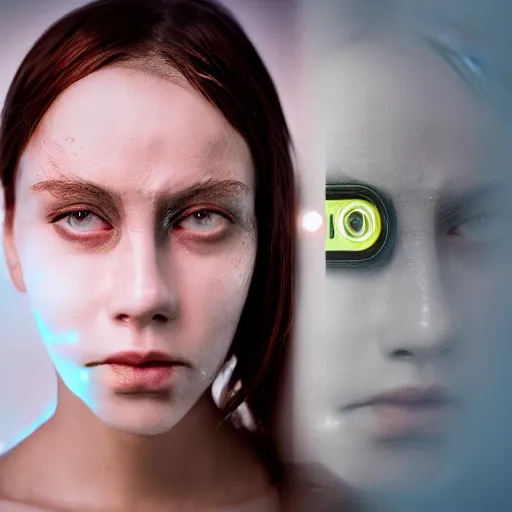 Image similar to photo of young woman, close up, with a cyberpunk camera implant on right eye with led lights, robotic implants over face with small led lights, white background, fine art photography in the style of Bill Henson