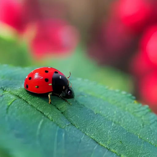 Prompt: professional photography of a Lady bug on a strawberry, bokeh, 8k