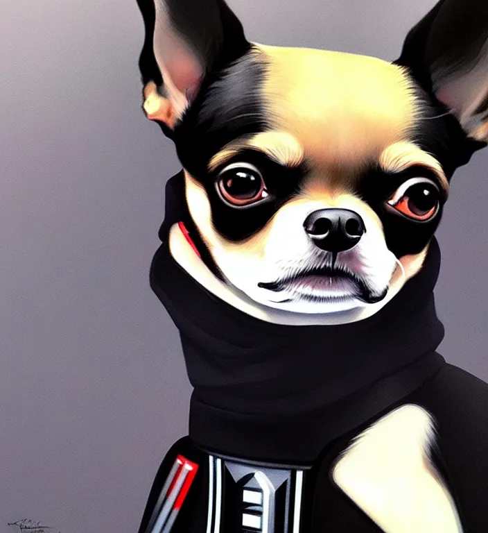 Image similar to a ultradetailed beautiful panting of chihuahua as darth vader, by ilya kuvshinov, greg rutkowski and makoto shinkai, trending on artstation