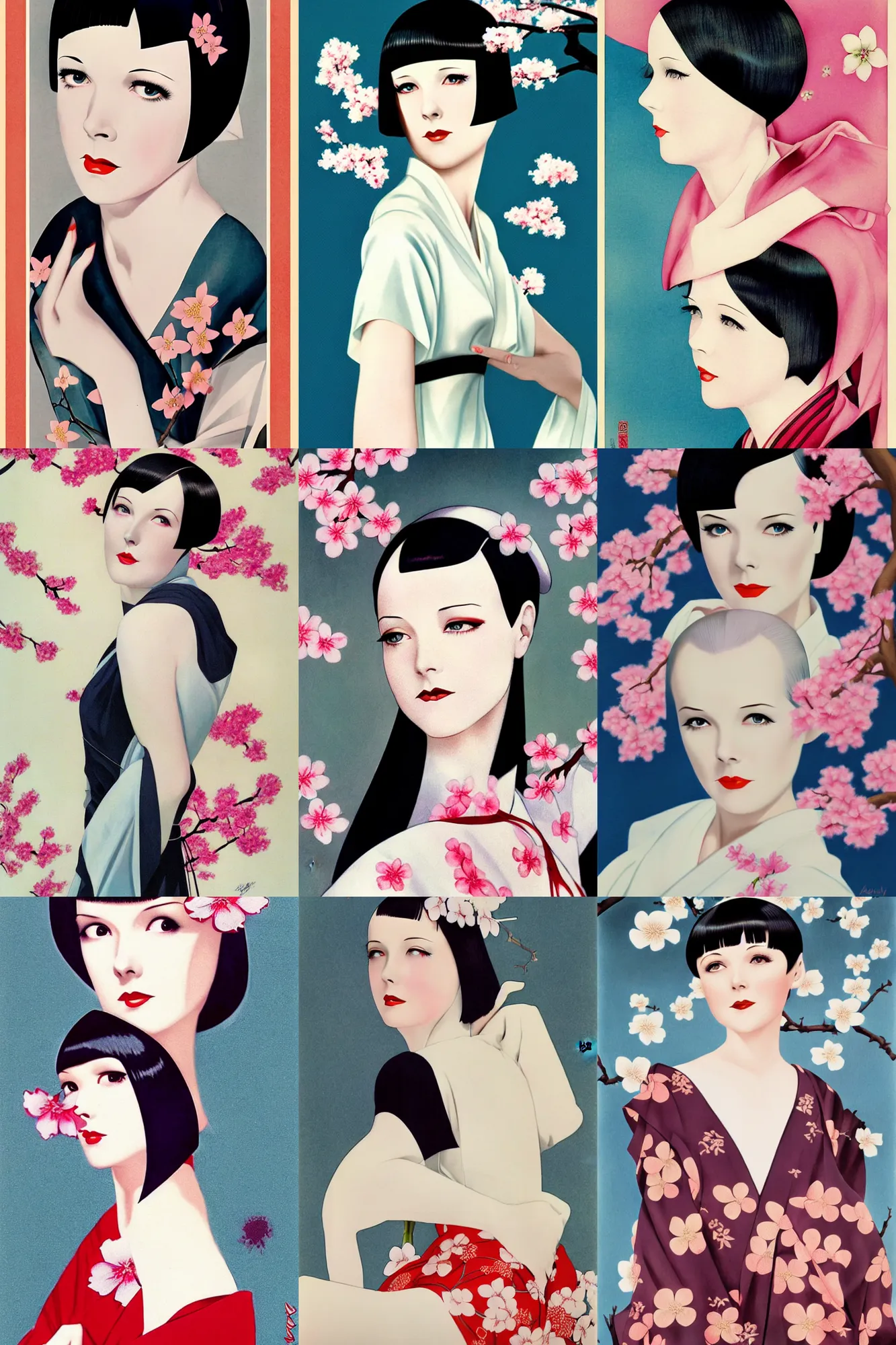 Image similar to 2 8 year old mary louise brooks, wearing kimono, atomic age, by artgerm, cherry blossom falling