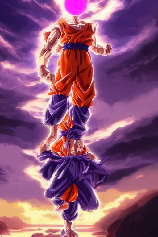 Image similar to goku robotic clothes in the beach purple sun, pink lighting ultra realistic photorealistic highly detailed high quality, a stunningly, digital painting, artstation, concept art, smooth, sharp focus, illustration, art by artgerm and greg rutkowski and alphonse mucha 8 k