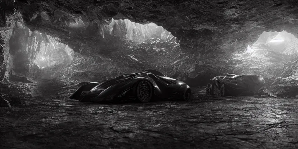 Image similar to the batmobile standing in a very dark and wet cave. highly detailed. intricate. mist. atmospheric. rim light. photorealistic. 8 k. monochrome. rays of light filling the cave. cinematic. matte painting. cinema 4 d. octane render. imagined by ash thorp. ambient occlusion. global illumination.