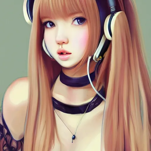 Image similar to realistic beautiful gorgeous natural cute Blackpink Lalisa Manoban blonde hair cute fur blonde cat ears, wearing camisole, wearing headphones, wearing black leather choker artwork drawn full HD 4K highest quality in artstyle by professional artists WLOP, Taejune Kim, Guweiz on Artstation Pixiv