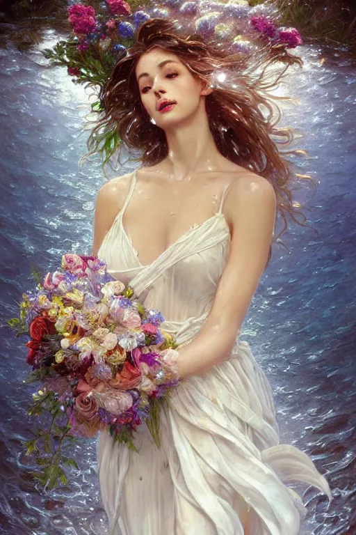 Prompt: portrait of a beautiful woman wearing a white dress, holding a bouquet of flowing flowers, drenched body, wet dripping hair, emerging from the water, fantasy, regal, fractal crystal, fractal gems, by ross tran, stanley artgerm lau, greg rutkowski, thomas kindkade, alphonse mucha, loish, norman rockwell