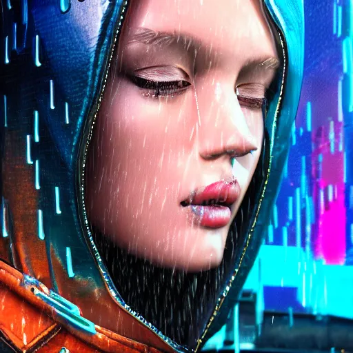 Image similar to stylish woman cartoon portrait made out of rain, leather jacket, cyberpunk background, rendered in octane, unreal engine, highly detailed, trending on artstation, realistic, neon, beautiful