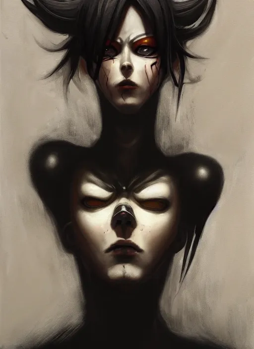 Image similar to dark portrait painting of tracer from overwatch, in style of zdzisław beksinski, scary, horror, feminine facial features, overwatch tracer character, detailed face, dressed in dark garment, black tendrils, tall,