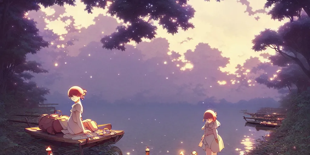 Image similar to the girl and the flying lanters. anime visual of a cozy village, by the lake at night, fireflies,. by hayao miyazaki and rossdraws and artgerm and greg rutkowski and alphonse mucha. anime production by studio ghibli. high quality, stunning, intricate detailed environment. 8 k