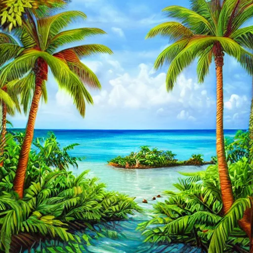 Image similar to an extremely beautiful ultra - realistic painting of a tropical island paradise with sunlight shining through vines, white sand, turquoise water, lagoons, warm, palm trees, exotic birds, peaceful, green forest, turtles, forgotten paradise, 4 k, award winning