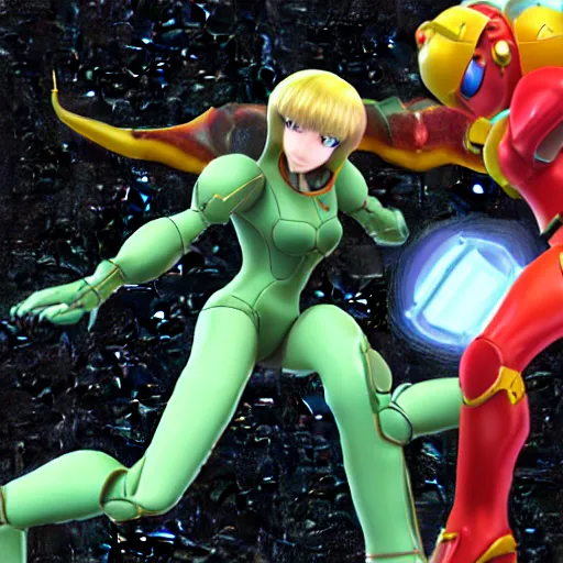 Prompt: Samus Fighting the Queen Metroid, 3D Render