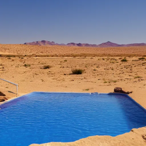 Prompt: purple pool in the middle of a desert