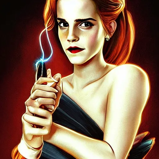 Image similar to emma watson dressed as jessica rabbit holding a glowing one hand and a wand in the other, fantasy, intricate, elegant, highly detailed, digital painting, artstation, concept art, matte, sharp focus, illustration, in the style of magic the gathering, art by artgerm and greg rutkowski and alphonse mucha