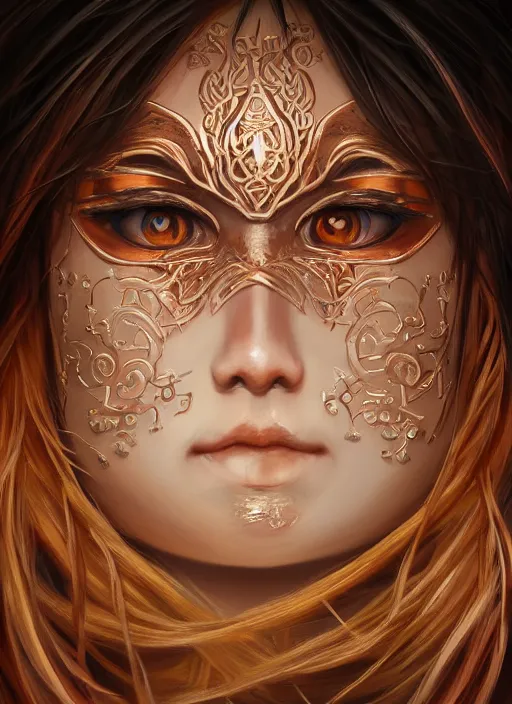 Prompt: a beautiful detailed oil on copper art illustration of a japanese hyottoko mask woman, centered, by charlie bowater, zeng fanzh, trending on artstation, dim dusk lighting, cinematic lighting, detailed lighting, volumetric lighting, realistic, f 8, 4 k hd wallpaper