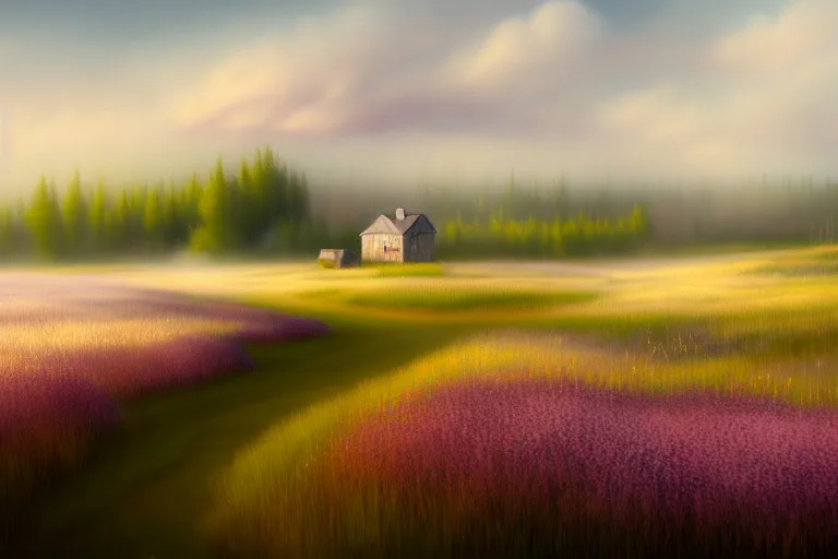 Image similar to a matte painting of a manitoba canada prairie, cottages, foggy, patchy flowers, oil painting, pale colors, high detail, 8 k, wide angle, trending on artstation,