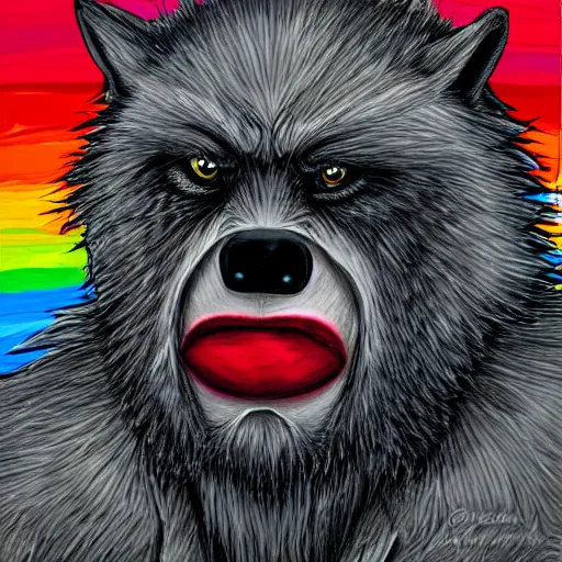 Prompt: wolfman with red liquid on his mouth, digital art, pastel, colorful, rainbow