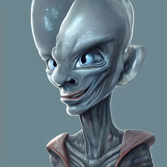 Image similar to blushing grey alien in skirt, fantasy artwork, award winning, hyper detailed, very very beautiful, studio lighting, artstation