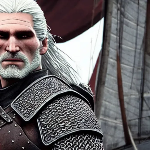 Image similar to geralt of rivia on a boat