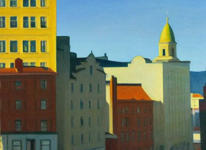 Prompt: a view of a finnish town from a hotel window in the afternoon, oil painting by edward hopper