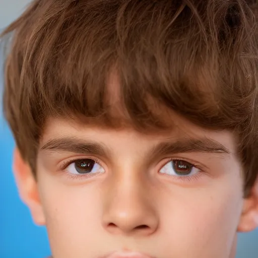 Image similar to a closeup portrait of a boy with brown hair and brown eyes. Extremely clear and high quality eyes with reflection, realistic face and details, clear lips and high quality