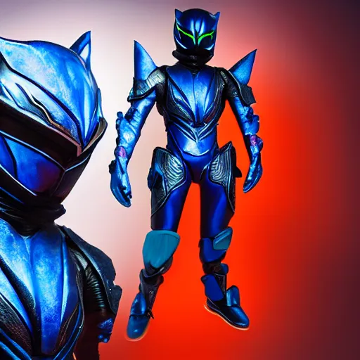 Prompt: High Fantasy Kamen Rider, single character full body, 4k, glowing eyes, rock quarry location, daytime, rubber suit, dark blue with red secondary color dragon inspired segmented armor made out of pvc plastic, ultra realistic, vibrant colors, Cinematography