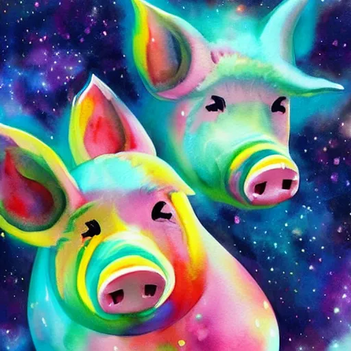 Prompt: marvelous pigs in space. watercolor. vibrant. amazing painting. beautiful. high resolution. highly realistic. cool tones. close - up. 8 k. trending on artstation.