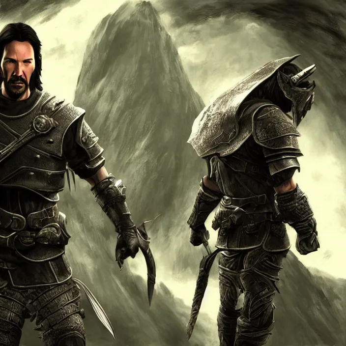 Prompt: Keanu Reeves in Skyrim, 3d cinematic, detailed game artwork, concept art, HD