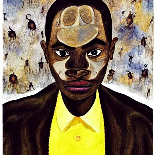 Image similar to a painting of a elegant, well fed, smooth-chinned, long nose, African elder with few eyebrows by Wangechi Mutu . thinker without facial hair, thoughtful, focused, visionary, calm, jovial, loving, fatherly, generous, . dramatic angle, ethereal lights, details, smooth, sharp focus, illustration, realistic, cinematic, artstation, award winning, rgb , unreal engine, octane render, cinematic light, macro, depth of field, blur, red light and clouds from the back, highly detailed epic cinematic concept art CG render made in Maya, Blender and Photoshop, octane render, excellent composition, dynamic dramatic cinematic lighting, aesthetic, very inspirational, arthouse.