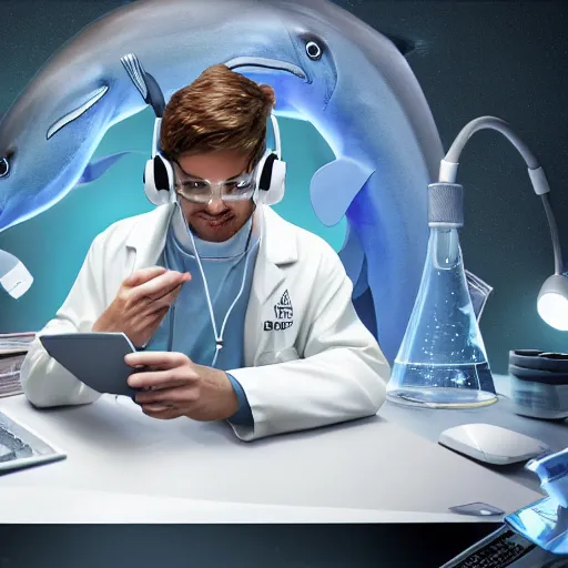 Prompt: An anthropomorphic grey dolphin in a white lab-coat playing games on a computer, digital painting, close-up, wearing a headset