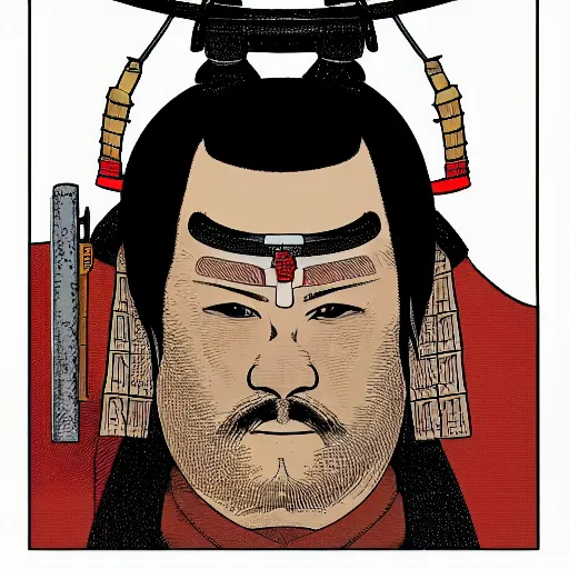 Prompt: a powerful japanese samurai wearing a tsutsu - haba, detailed face, highly detailed, face symmetry, character concept portrait by moebius and laurie greasley, colorful, profile picture, 8 k, cinematic color grading