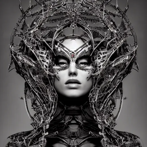 Prompt: a portrait of female model by stefan geselle and nekro borja, photorealistic, biomechanical, intricate details, hyper realistic, ornate headpiece, dark beauty, photorealistic, canon r 3, photography, wide shot, photography, dark beauty, symmetrical features