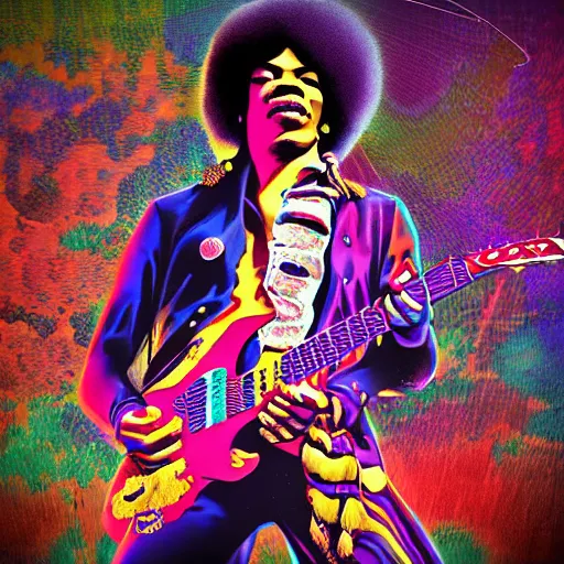 Image similar to jimi hendrix, album cover style, hyper detailed, 3 d, octane render