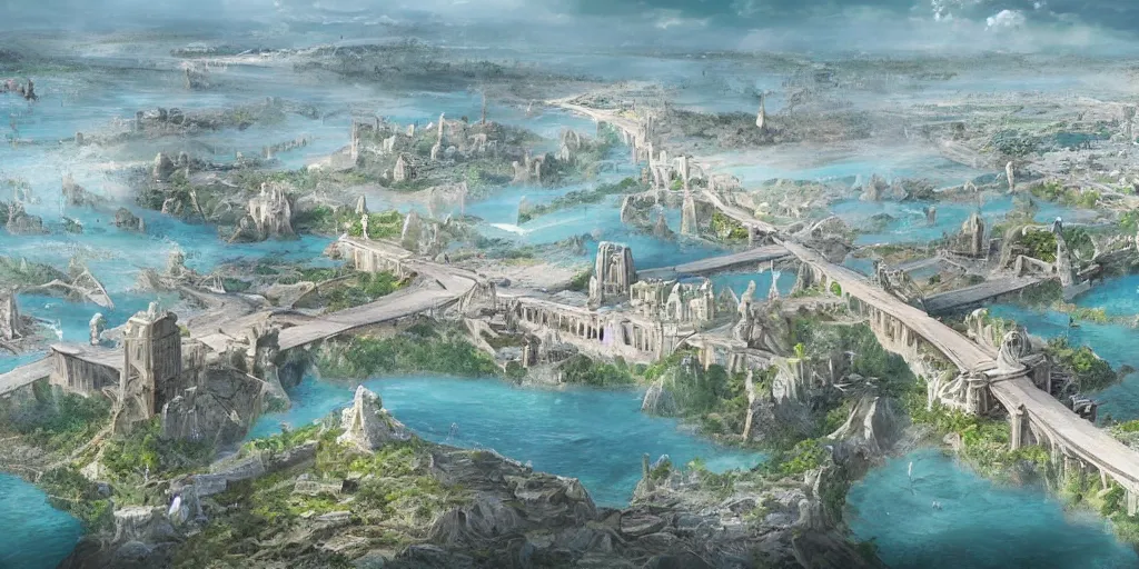 Prompt: illustration, concept illustration, a single giant ancient city on a single bridge, giant continent bridge build over the ocean in a straight line that developed into a grand city, fading into the distance