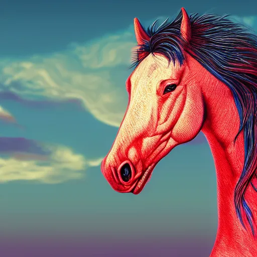 Prompt: digital horse, retrowave palette, highly detailed, anatomically correct equine, synth feel, smooth face, ear floof, flowing mane, no reins, clear snout, super realism, accurate animal imagery, 4 k digital art