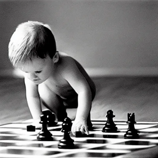 Prompt: portrait photo of a toddler looking at a chess board, confused, by annie liebovitz,