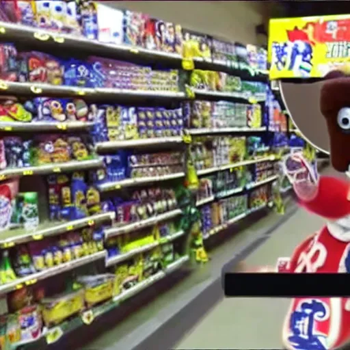 Prompt: security camera footage of a sports mascot knocking items off the shelves in a convenience store