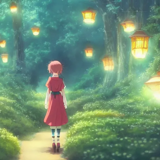 Prompt: anime, incredible wide screenshot, ultrawide, realist proportions, paper texture, intricate, very detailed, studio ghibli movie scene, girl in a dress walking a beautiful forest village, lanterns, wood bridges, night, outdoors, fireflies!!!!, fog