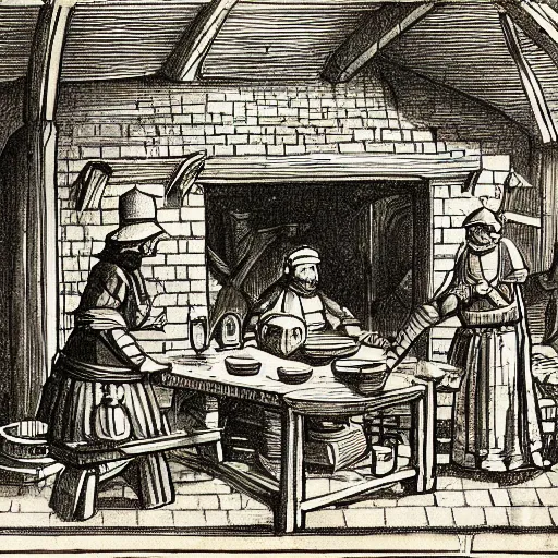 Prompt: Sketch of a medieval tavern with one floor, a counter, four round tables and a fireplace