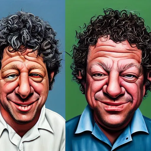 Image similar to Caricature portraits done of Gene Ween and Dean Ween, realistic, hyperrealistic, very realistic, highly detailed, very detailed, extremely detailed, detailed, oil painting, digital art, trending on artstation