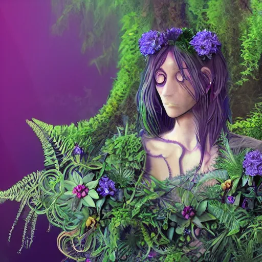 Prompt: an man, stern face, clear eyes, shining armour made of steel and flowers, and fractal flowery hair in a fractal garden, glowing delicate flower and ferns that grow in a dark fatansy forest on the planet pandora,