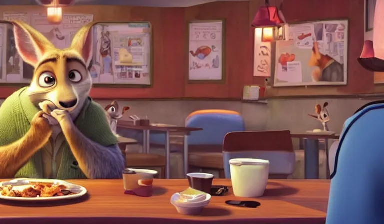 Prompt: A scene from Zootopia. Tired and lonely Nick is crying and eating dinner in a lonely diner. The diner is dimly lit and very dirty. The food is poor due to the recession. Dark, dirty and cold tones. Pixar Digital Movies