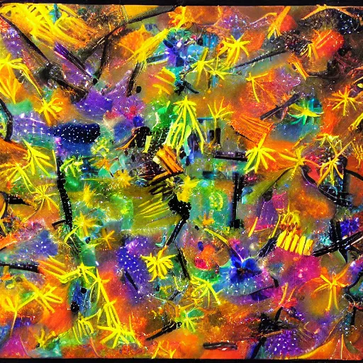 Image similar to a field of fireflies, colorful, ethereal, mixed media, paint, collage, bright