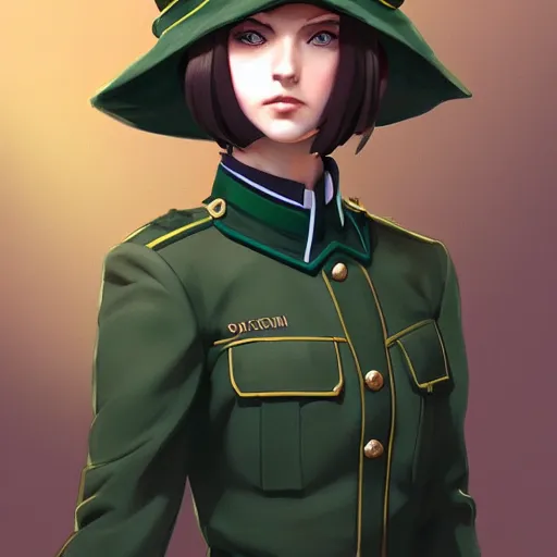 Prompt: symmetrical portrait bust of young woman with shoulder length light brown hair and hazel eyes dressed in a sharp dark teal military uniform and beret, anime, ilya kuvshinov, greg rutkowski, guweiz, ross tran, loish, svetlana tigai, artgerm, artstation trending, concept art, digital painting, painterly