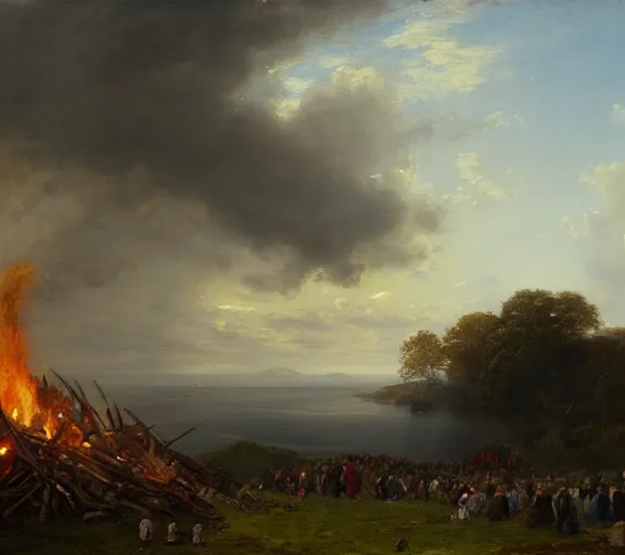 Image similar to landscape portrait of a funeral pyre by william sidney mount, trending on artstation