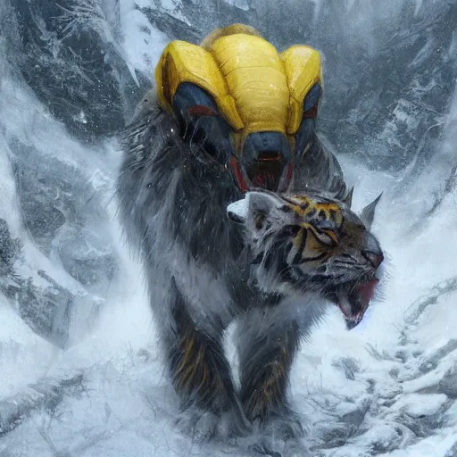 Image similar to a beautfiul award winning aesthetic commission of an antrho albino tiger wearing a yellow-black padded hooded puffer jacket,digital art,art by greg rutkowski,character design by charles bowater,ross tran,photorealistic,detailed face,hyperdetailed,western comic,2021,artstation,deviantart