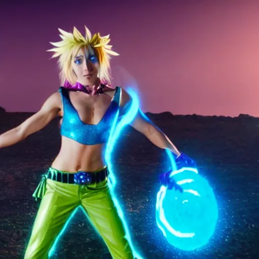 Image similar to cinematic scene with julianne hough as jolyne from jojo's bizarre adventure, live action film, stone ocean, dramatic, small details, volumetric lighting, still frame