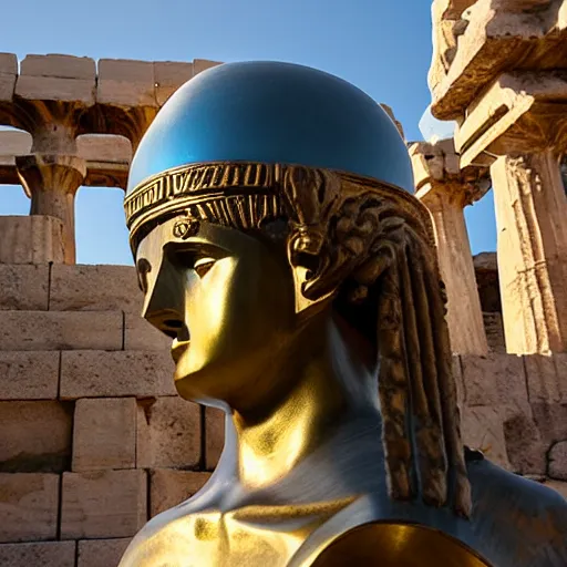 Prompt: greek ancient woman in bronze helmet standing on a giant greek ancient bearded man head, late afternoon light, greek temple of olympus glory island, wispy clouds in a blue sky, by frank lloyd wright and greg rutkowski and ruan jia